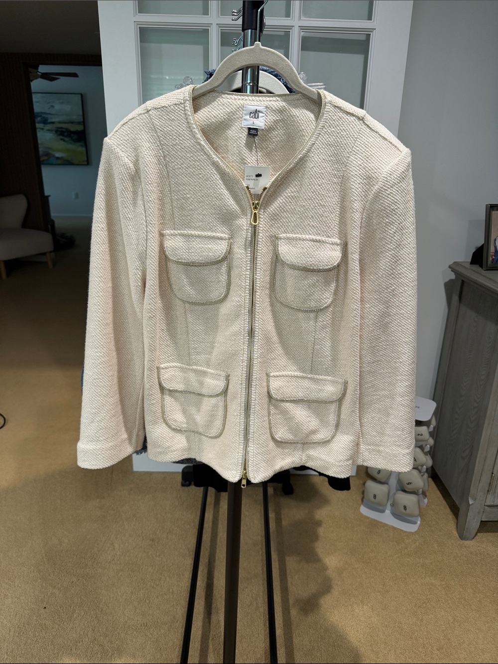 CAbi 6674 Posh Jacket - Vanilla Textured Zip Jacket with Four Flap Pockets